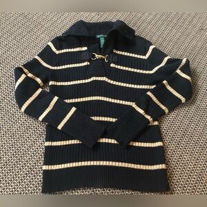 Lauren Ralph Lauren Black &Metallic Gold Striped Collared Latch Thick Knit Swtr